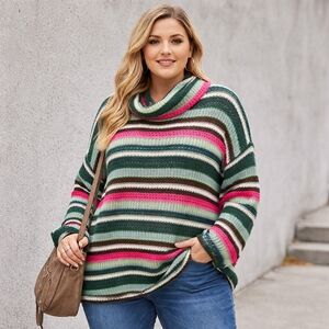 NWT Davi & Dani Striped Crochet Open Knit Sweater Plus Size Cowl Neck Pullover